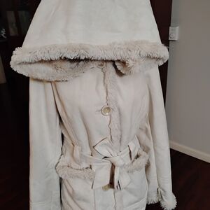 Jones New York Cream Faux-Fur Trim Hooded Trench Coat